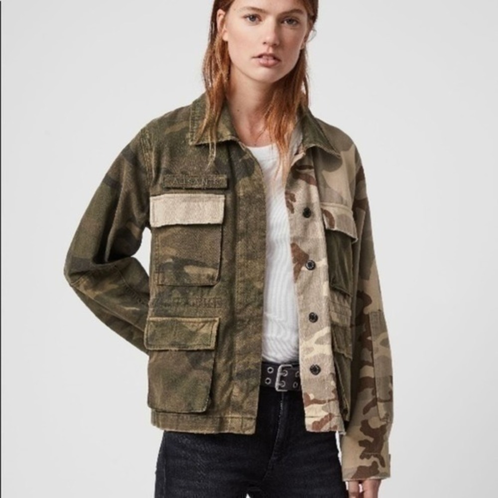 All Saints Finch Green Camouflage‎ Military Two-Tone Jacket Size Small NWT